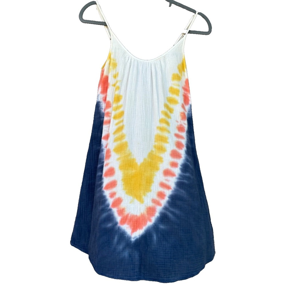 Roan + Ryan XS Tie Dye Slip Dress Cotton Gauze Navy White Gold Mini Sleeveless